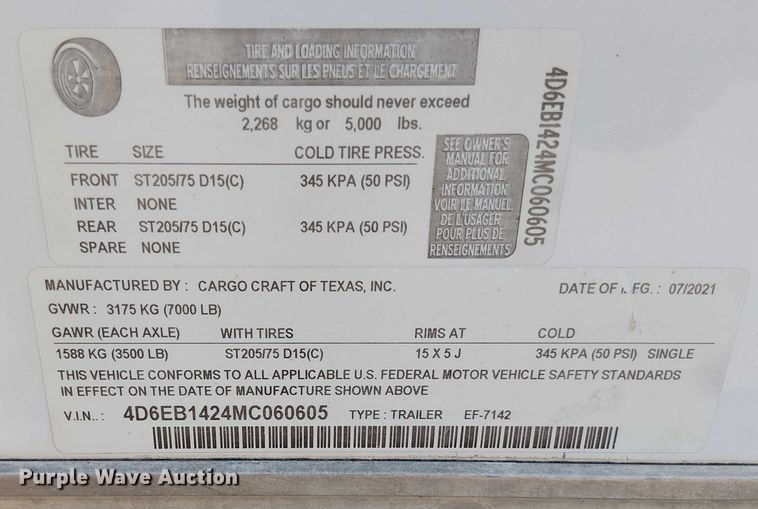 image for item DS3862 2021 Cargo Craft EF-7142 enclosed cargo trailer