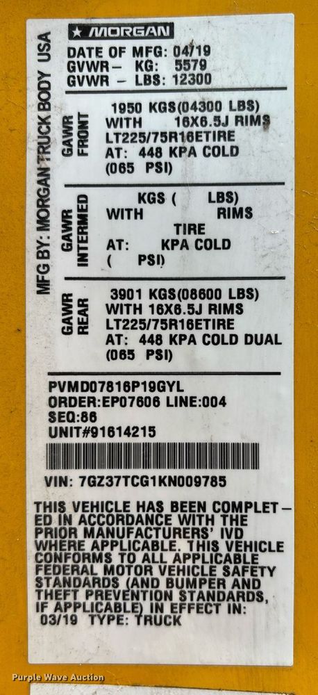 image for item DT3250 2019 GMC Savana G3500 box truck