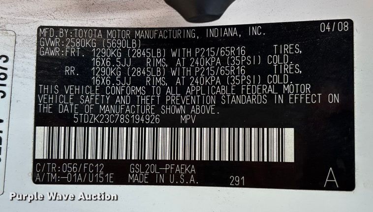 image for item DT3339 2008 Toyota Sienna van