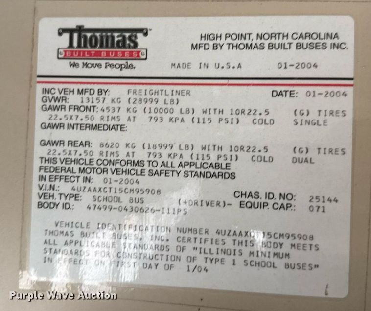 image for item DW3441 2005 Freightliner school bus