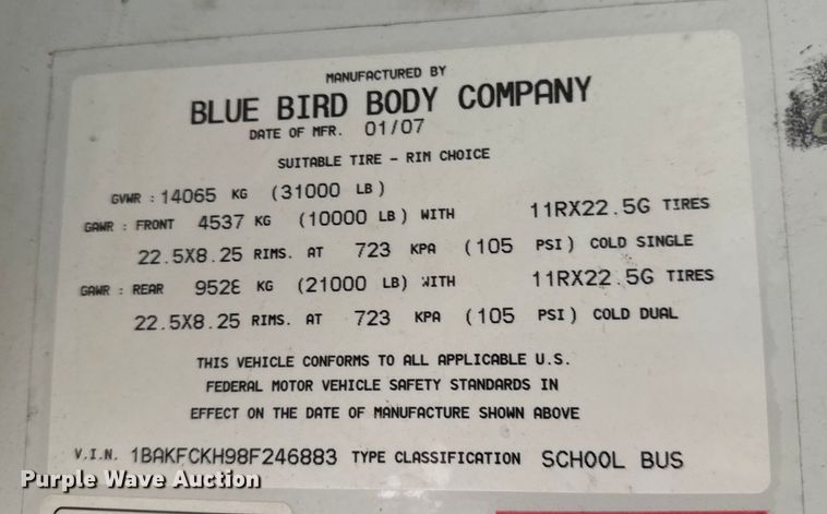 image for item DW3442 2008 Blue Bird Vision school bus