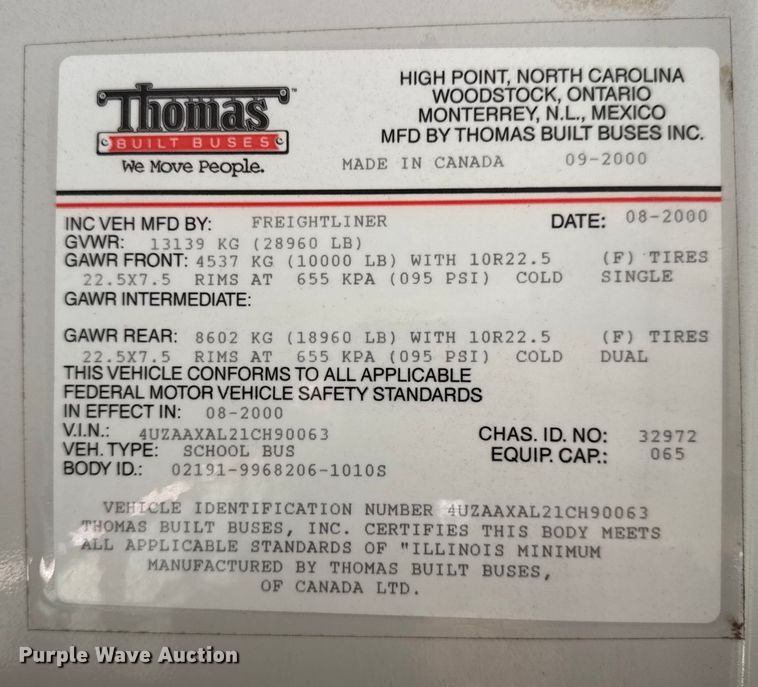 image for item DW3443 2001 Thomas Built school bus