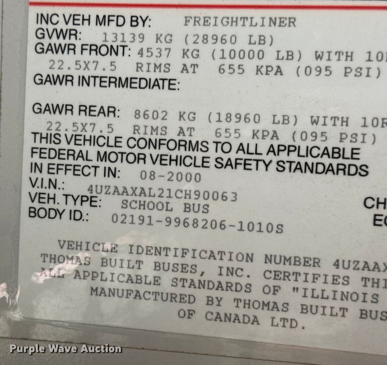 image for item DW3443 2001 Thomas Built school bus