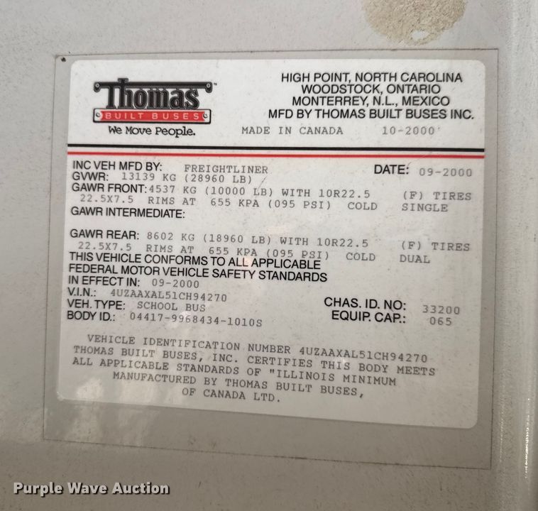 image for item DW3446 2001 Thomas Built school bus