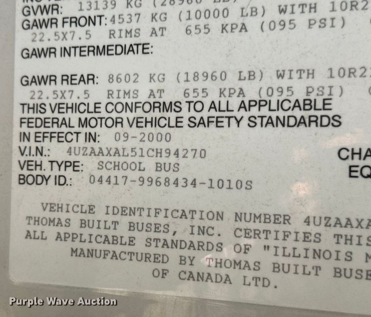 image for item DW3446 2001 Thomas Built school bus