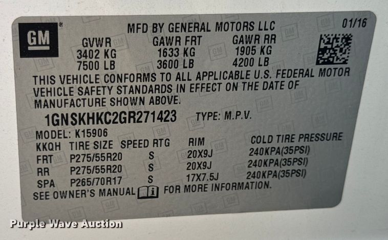 image for item DW3477 2016 Chevrolet Suburban LT SUV