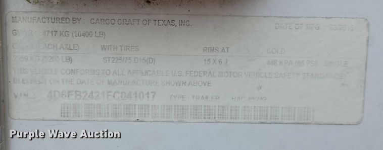 image for item DW7014 2015 Cargo Craft enclosed cargo trailer