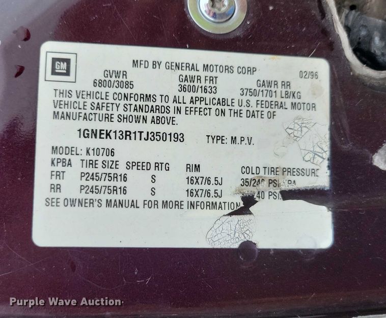 image for item DX7204 1996 Chevrolet 1500 Tahoe SUV