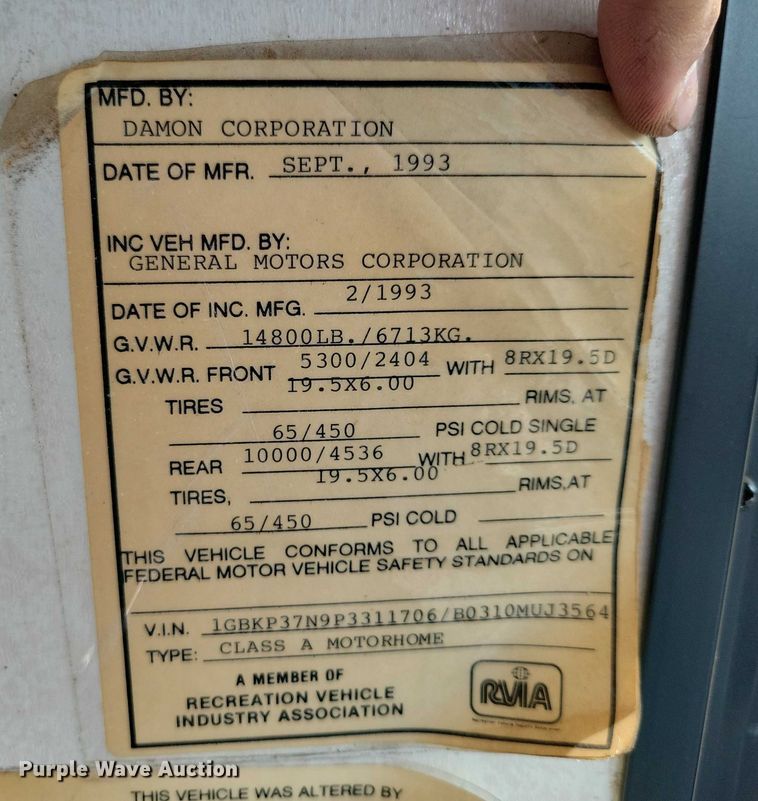 image for item DX7221 1993 Damon Challenger  310 MTL RV