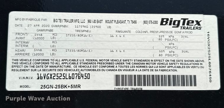 image for item DZ8916 2020 Big Tex 25GN-25BK+5MR equipment trailer