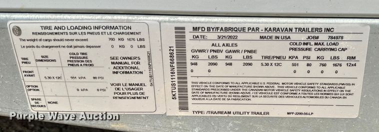 image for item EB2819 2022 Karavan utility trailer