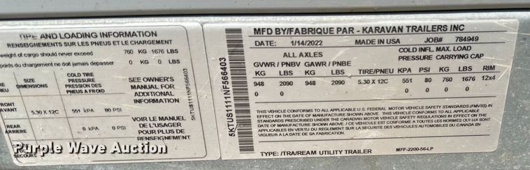 image for item EB2821 2022 Karavan utility trailer