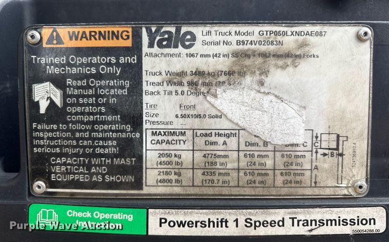 image for item EC4383 2015 Yale GTP050 forklift