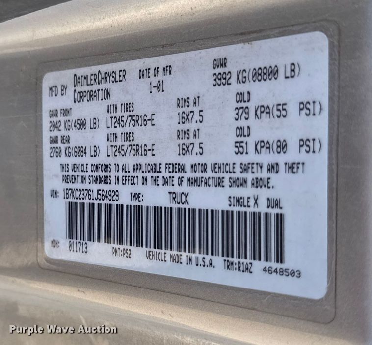 image for item ED4461 2001 Dodge Ram 2500 Quad Cab pickup truck