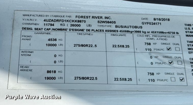 image for item ED5813 2019 Freightliner S2C shuttle bus