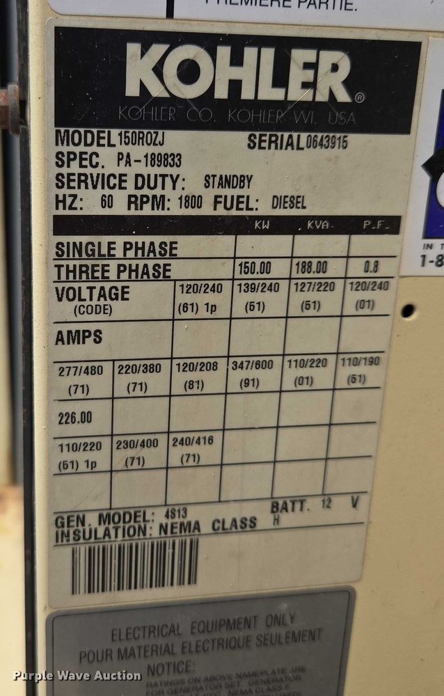 image for item EF1932 Kohler 150R0ZJ generator