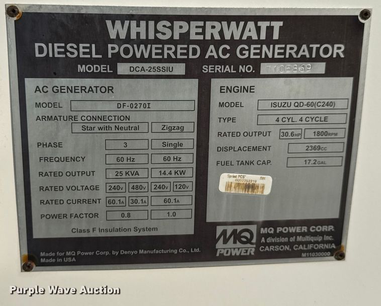 image for item EG6116 2001 MQ Power Whisperwatt DCA-25SSIU generator
