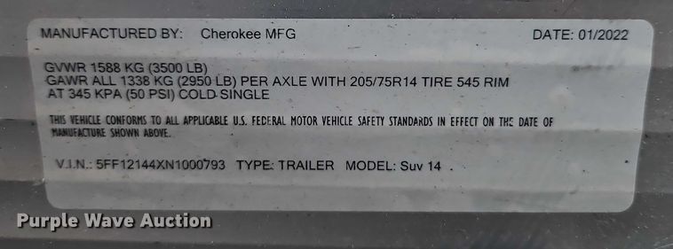image for item EJ0115 2022 Cherokee Suv 14 utility trailer