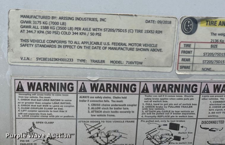 image for item EJ7649 2019 Arising 716VTDW enclosed cargo trailer