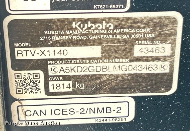 image for item ET3041 2021 Kubota RTV X1140 utility vehicle