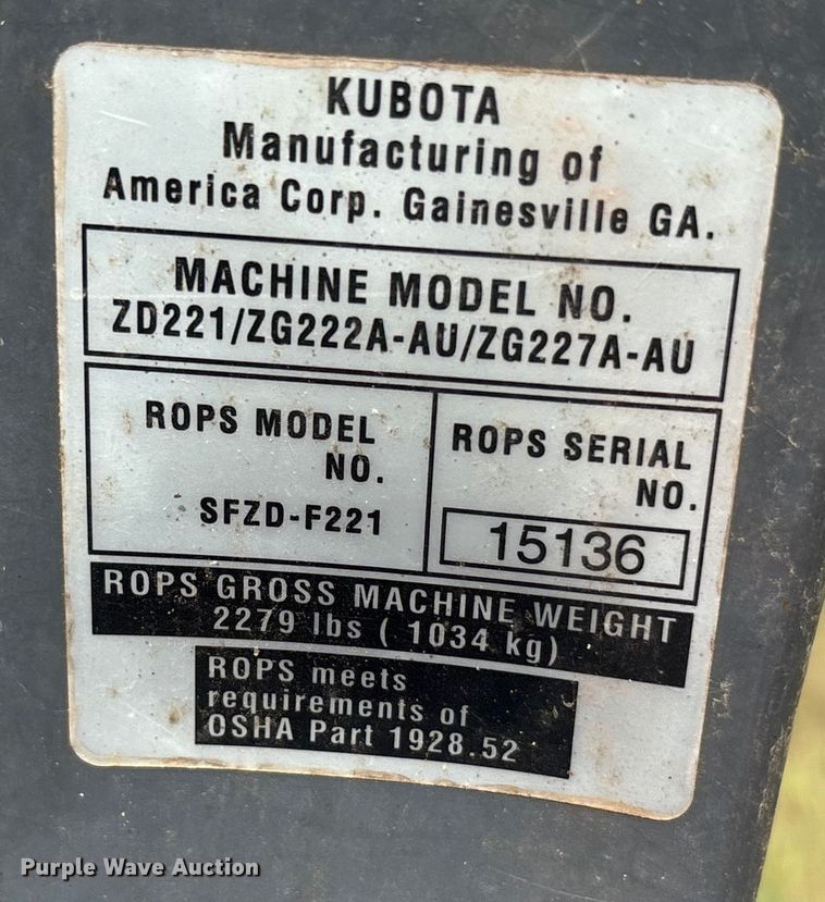 image for item EU0014 Kubota ZD221 ZTR lawn mower