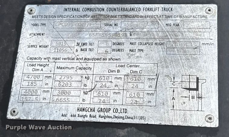 image for item EU2109 Hangcha CPCD35-XW97F forklift