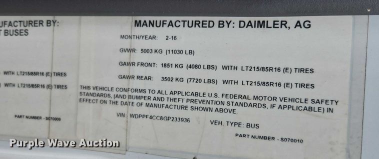 image for item FB9443 2016 Freightliner Sprinter 3500 shuttle bus