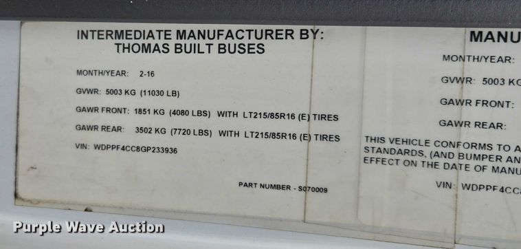 image for item FB9443 2016 Freightliner Sprinter 3500 shuttle bus