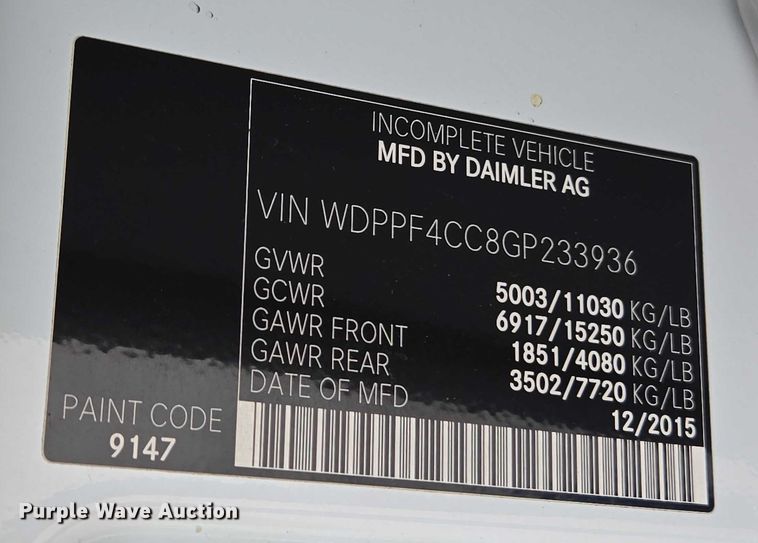 image for item FB9443 2016 Freightliner Sprinter 3500 shuttle bus