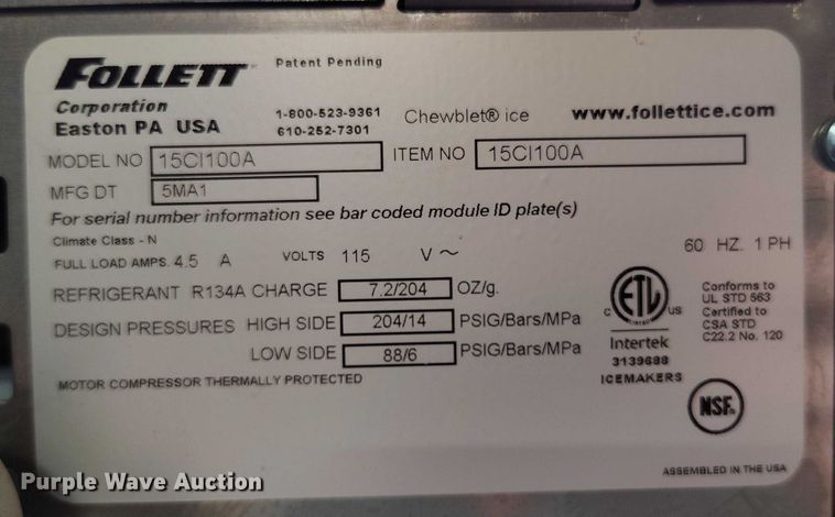 image for item IP9651 Follett 15CI100A ice and water machine