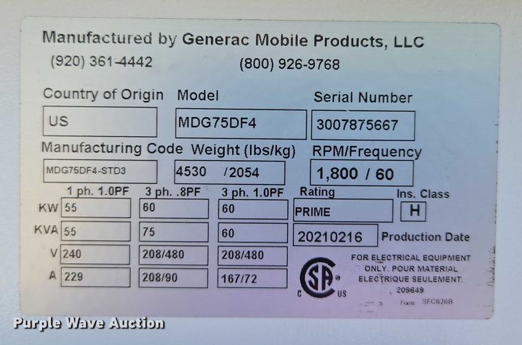 image for item DF8615 Generac MDG75DF4 generator