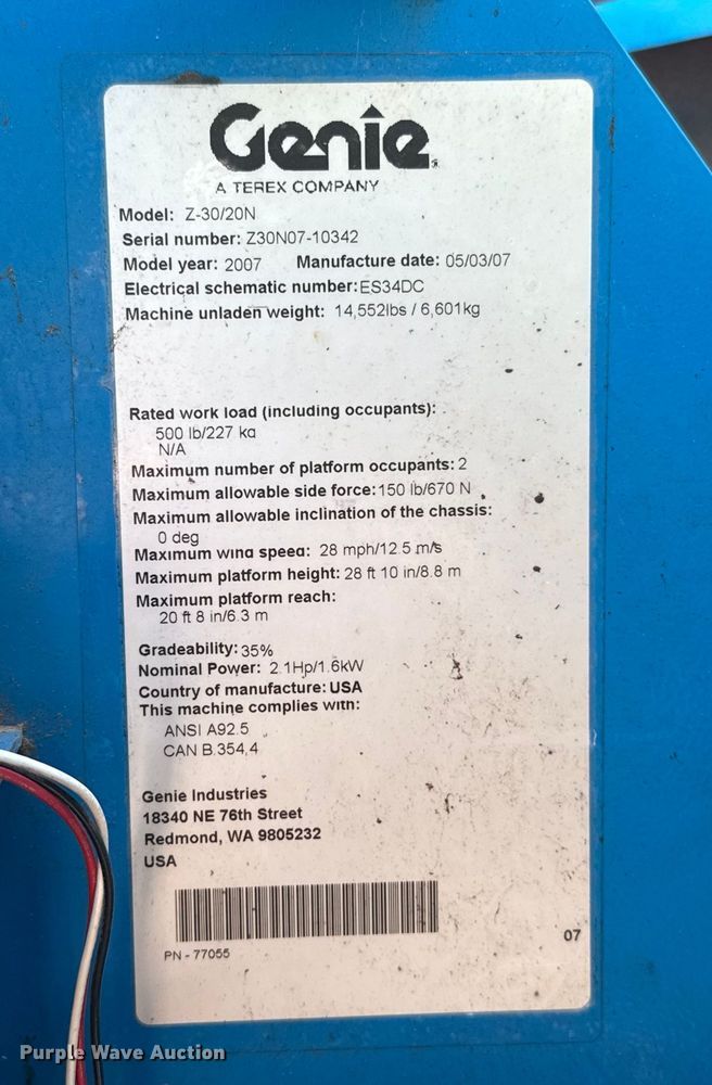 image for item DO7176 2007 Genie Z-30/20N boom lift