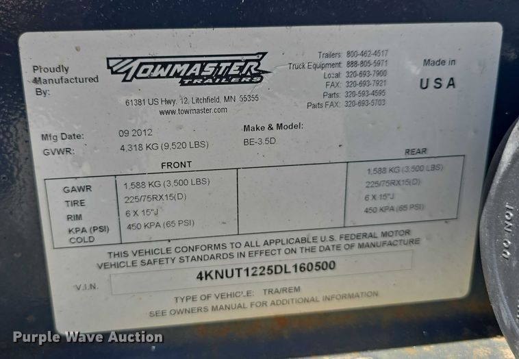 image for item DP8839 2013 Towmaster  BE-3.5D utility trailer