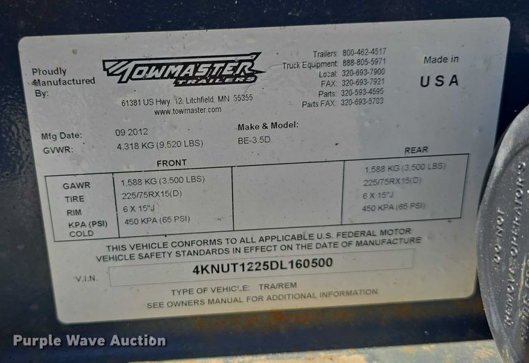 image for item DP8839 2013 Towmaster  BE-3.5D utility trailer