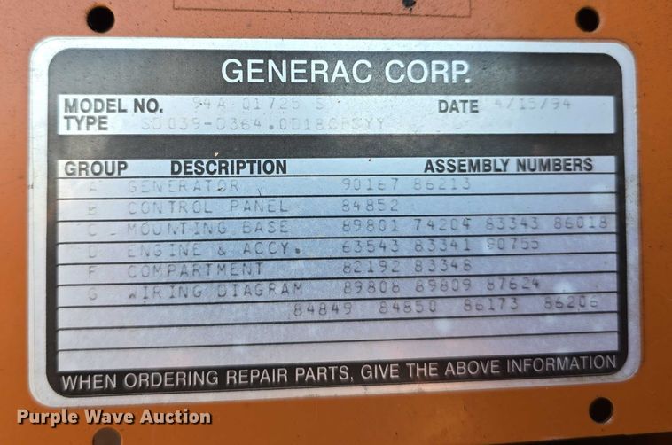 image for item DP8842 1994 Generac 94A 01725 S generator