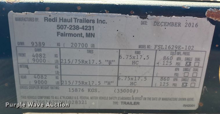 image for item DT3261 2017 Redi-Haul FSL1629E-102 equipment trailer