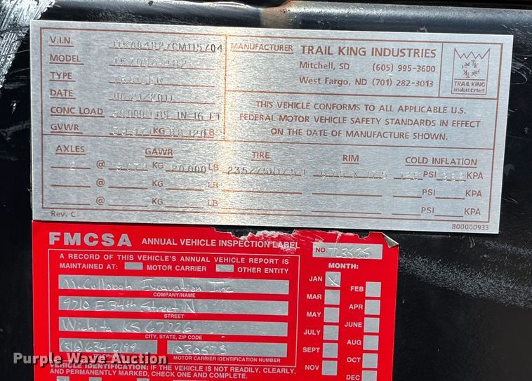 image for item DT3289 2012 Trail King TK70SA-482 drop deck tilt deck equipment trailer