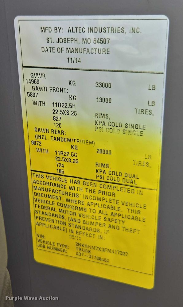 image for item DU7954 2015 Kenworth T370 digger derrick truck