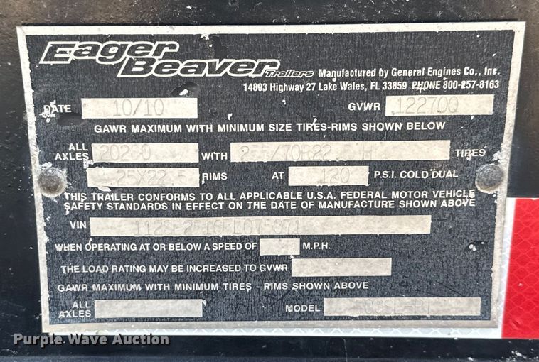 image for item DX5696 2011 Eager Beaver 50GSL-PT lowboy equipment trailer