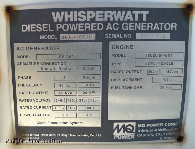 image for item EB2898 2002 MQ Whisper Watt DCA-45SSIUII generator