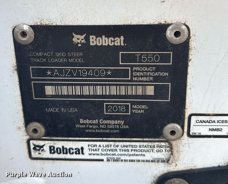 image for item EC3767 2018 Bobcat T550 tracked skid steer loader