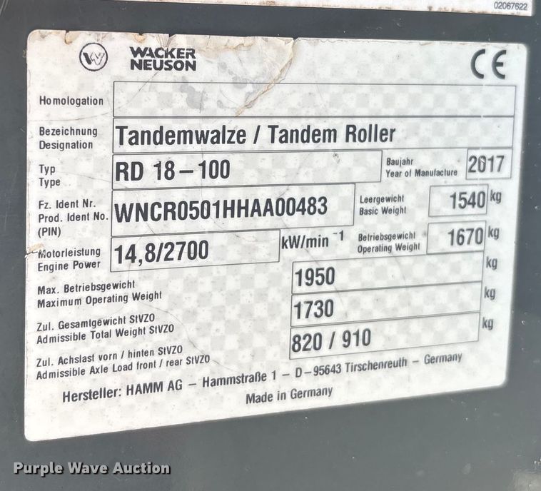 image for item EC3768 2017 Wacker  Neuson RD18 double drum vibratory roller