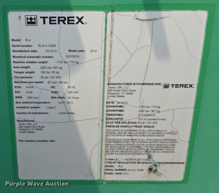 image for item EF1920 2014 Terex RL4 light plant