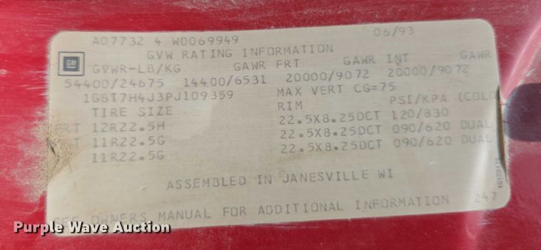 image for item EF3682 1993 Chevrolet Kodiak C6500 dump truck