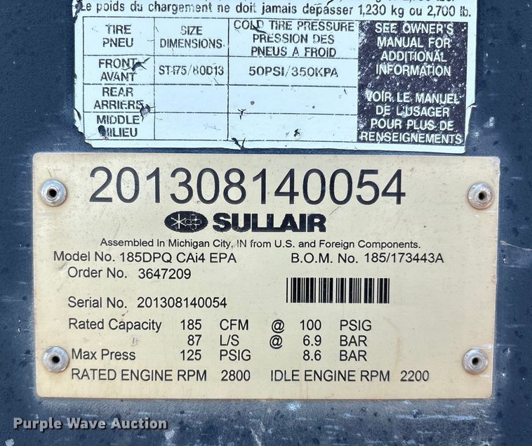 image for item EM0547 Sullair 185 air compressor