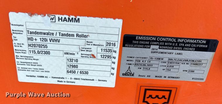 image for item EM0566 2016 Hamm HD+120i double drum vibratory roller
