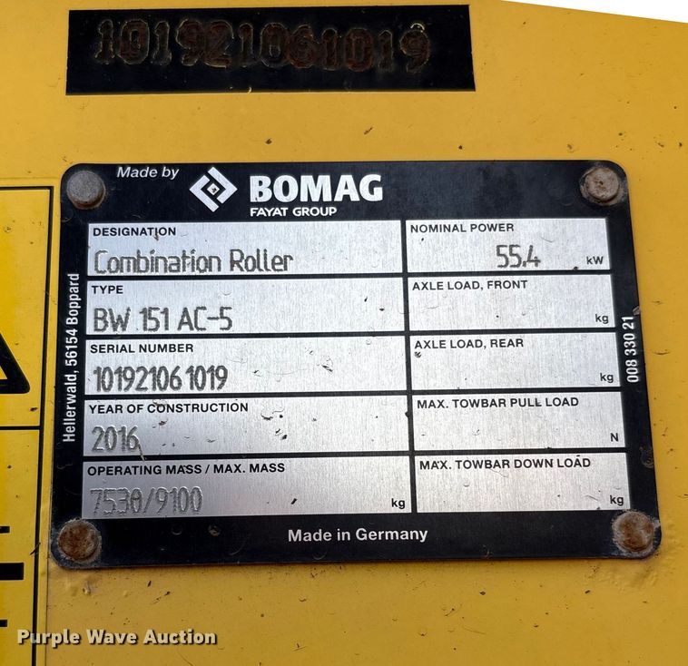 image for item EM0576 2016 Bomag BW151AC-5 combination roller