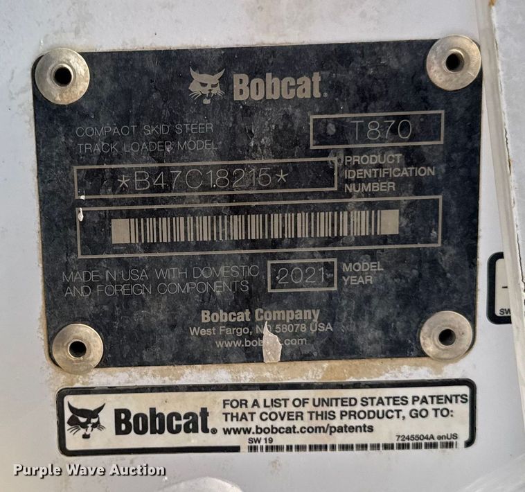 image for item EM2251 2021 Bobcat T870 tracked skid steer loader