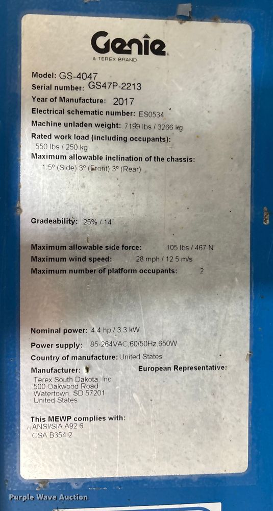 image for item EM5076 2017 Genie  GS-4047 scissor lift