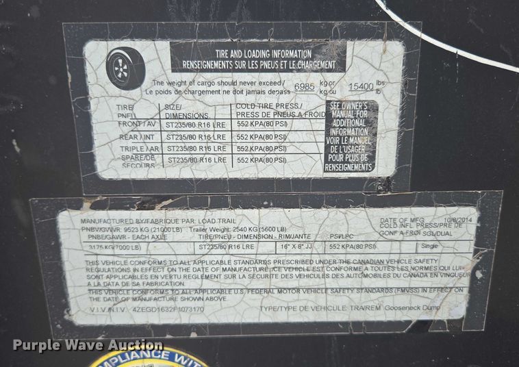 image for item EN2097 2015 Load Trail dump trailer